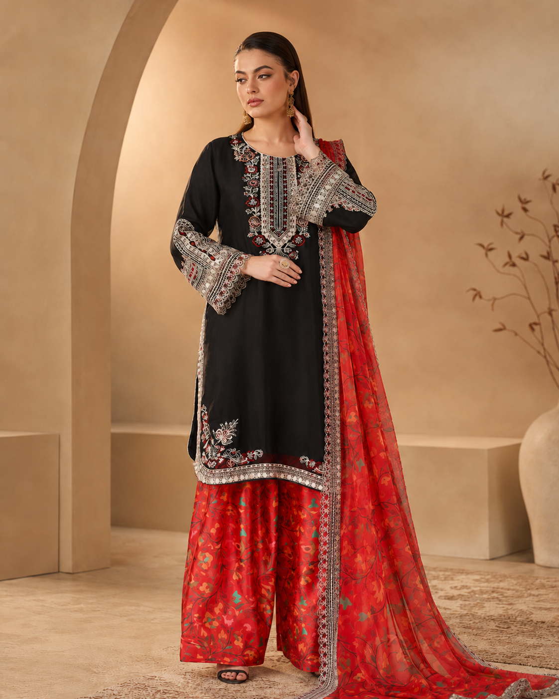 Crimson Noir – Embroidered 3-Piece Pret