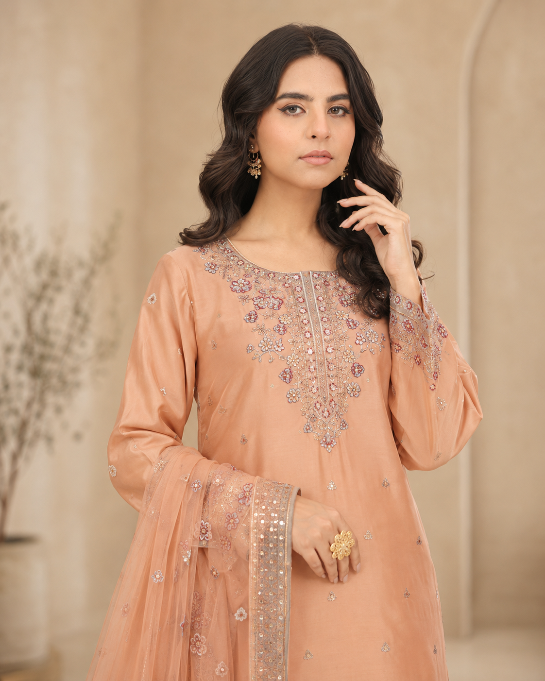 Soft Peach Embroidered Tasal Silk 3-Piece Pret