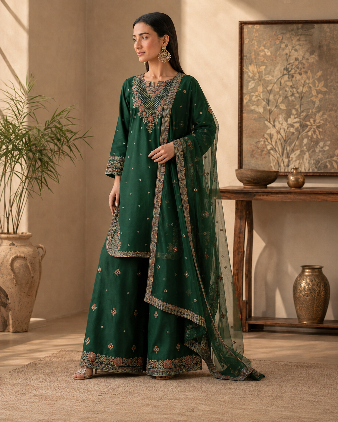 Green Embroidered Tasal Silk 3-Piece Pret