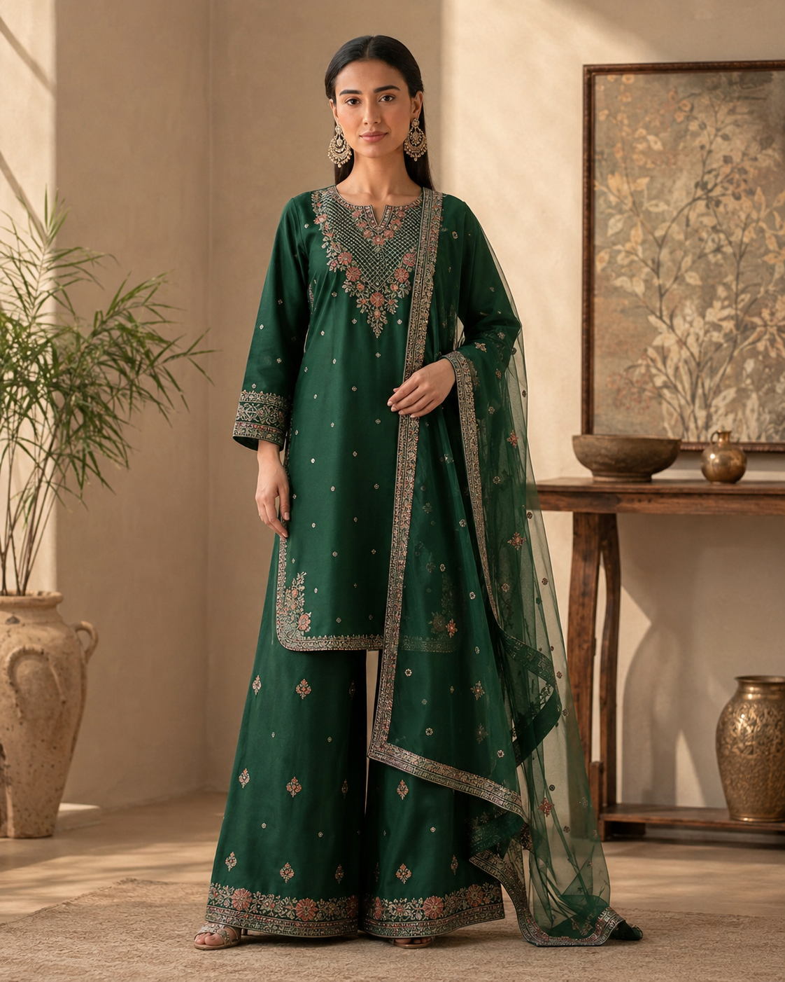 Green Embroidered Tasal Silk 3-Piece Pret