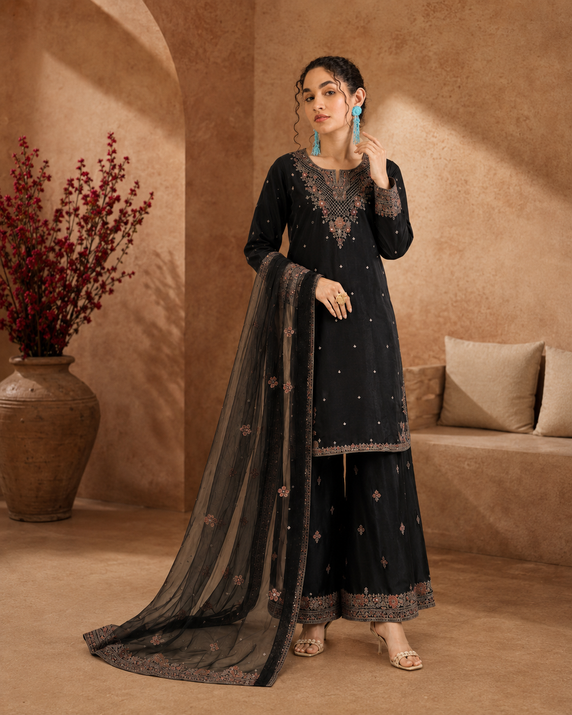 Black Embroidered Tasal Silk 3-Piece Pret