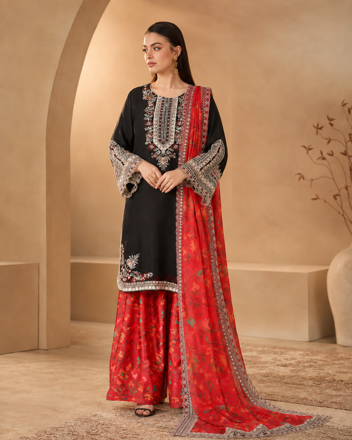Crimson Noir – Embroidered 3-Piece Pret