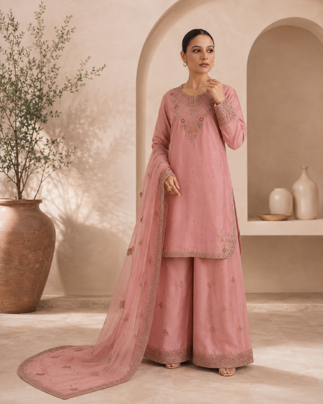 Pink Embroidered Tasal Silk 3-Piece Pret
