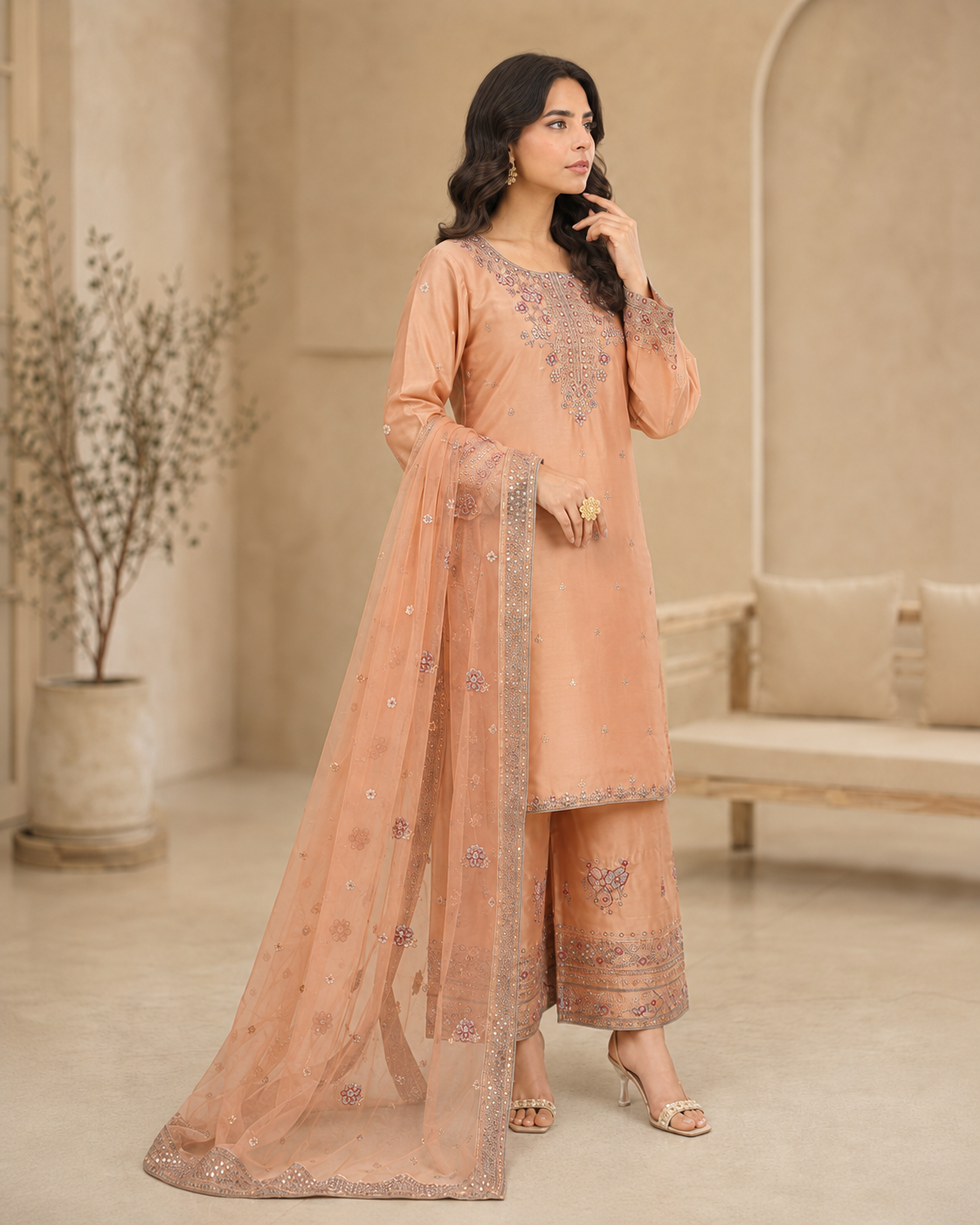 Soft Peach Embroidered Tasal Silk 3-Piece Pret