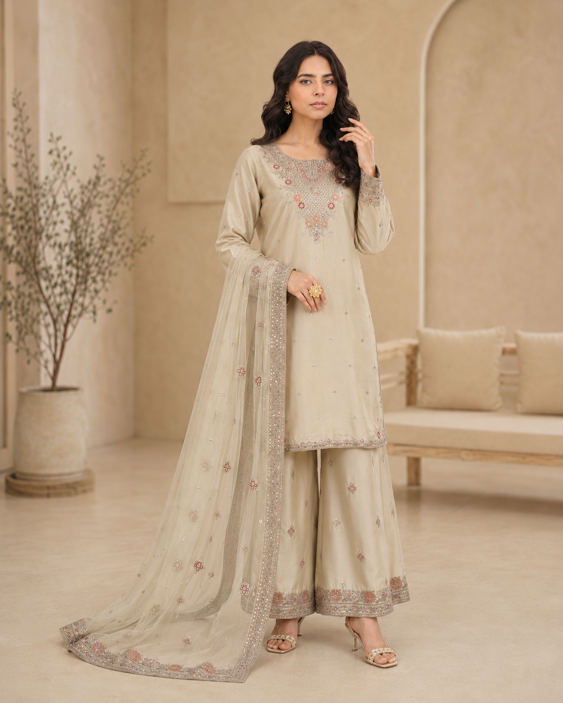 Skin Embroidered Tasal Silk 3-Piece Pret