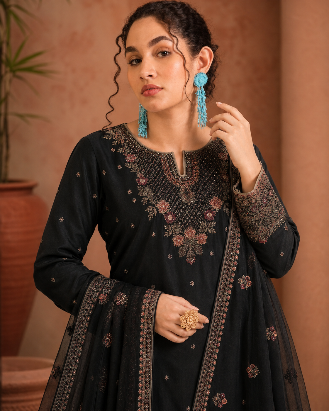 Black Embroidered Tasal Silk 3-Piece Pret