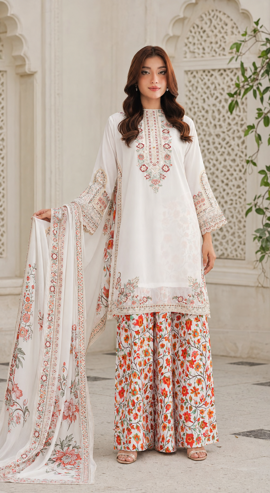 Ivory Floral Embroidered 3-Piece Pret