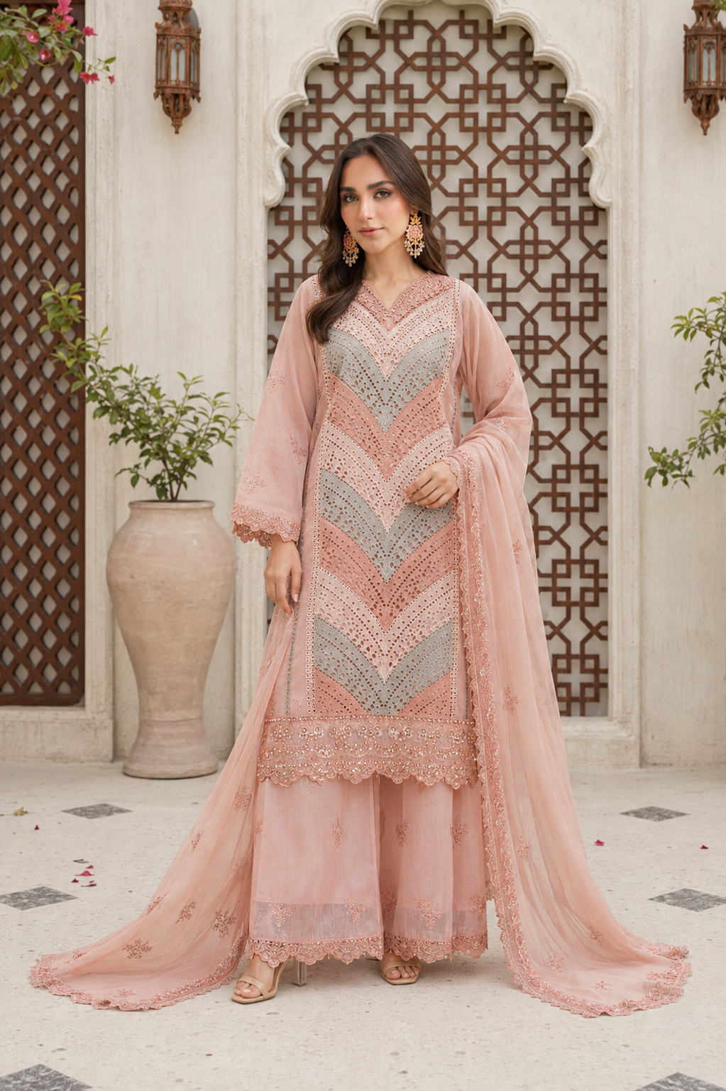Peach Chevron Cutwork Check Gloria Slub 3-Piece