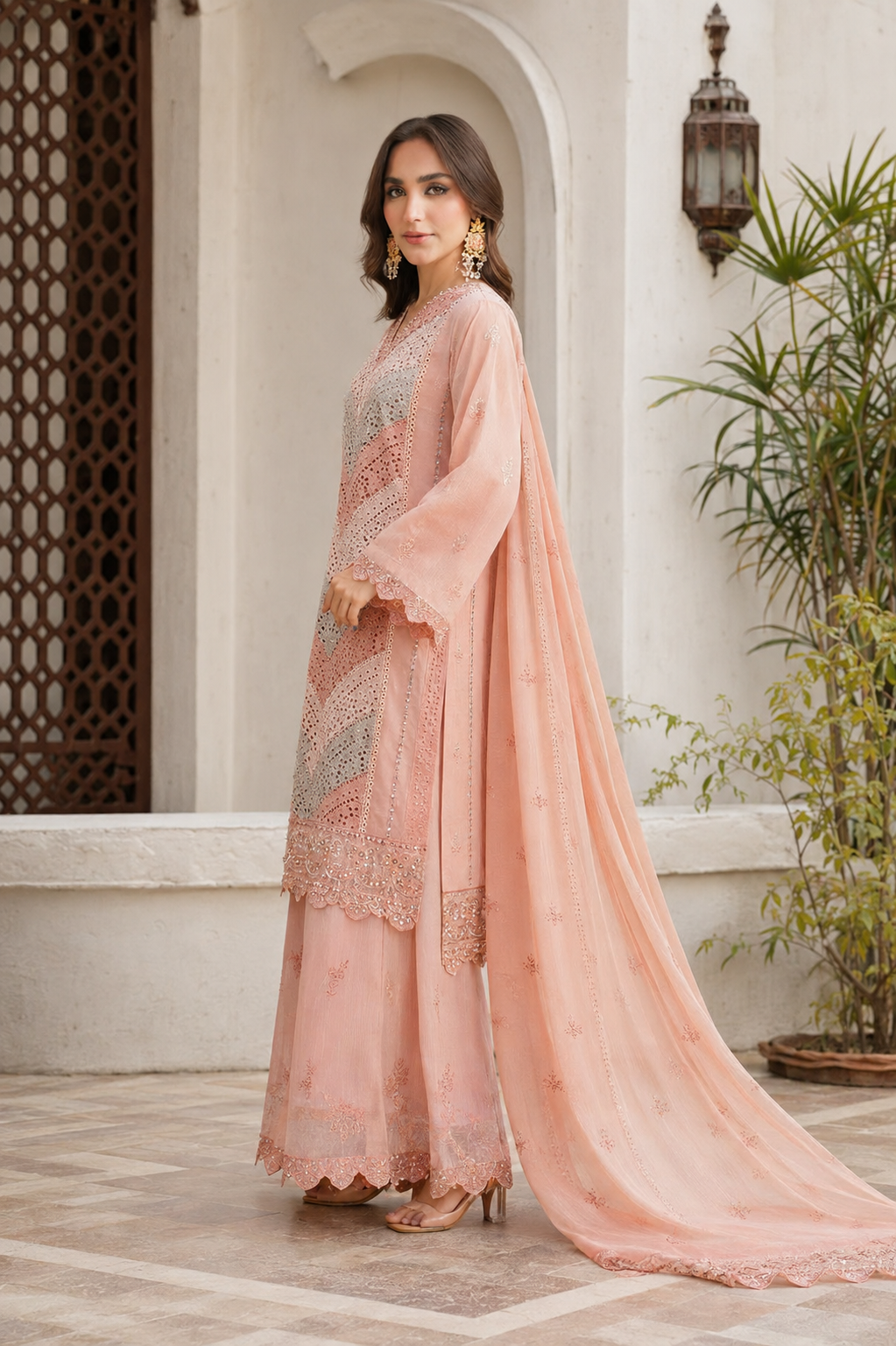 Peach Chevron Cutwork Check Gloria Slub 3-Piece