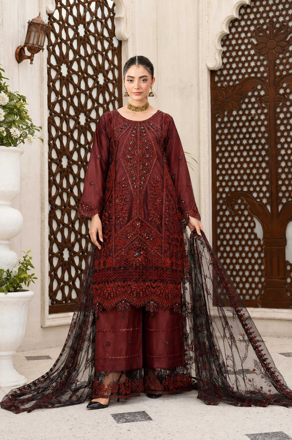Deep Maroon Embroidered 3-Piece Pret