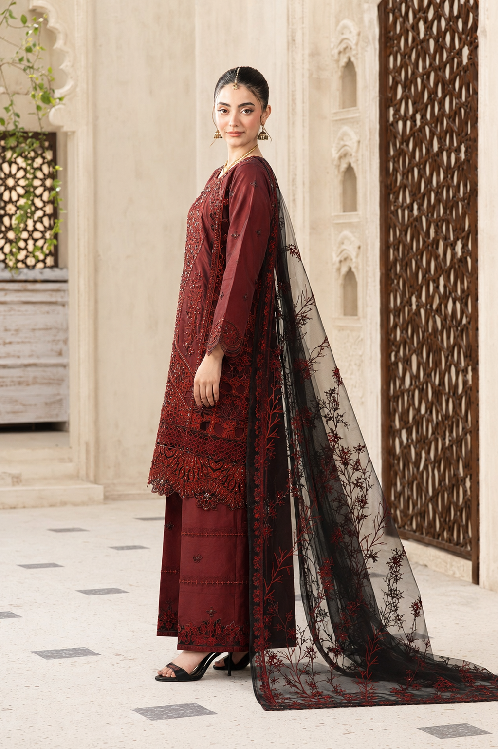 Deep Maroon Embroidered 3-Piece Pret