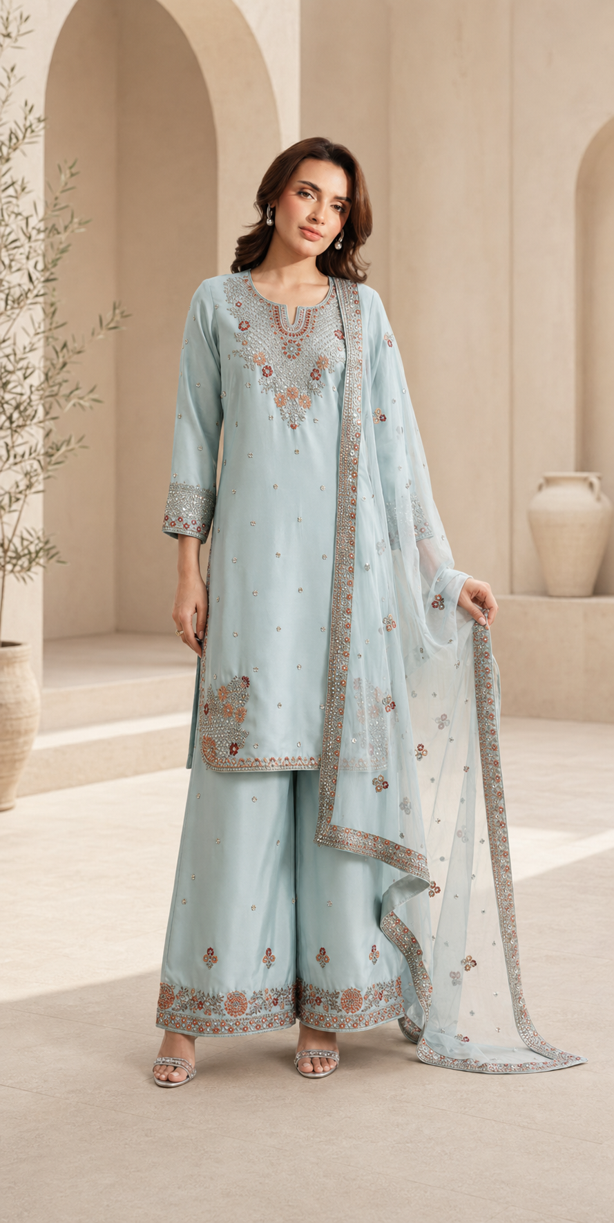 Gray Embroidered Tasal Silk 3-Piece Pret