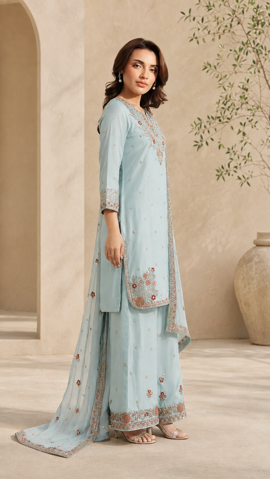 Gray Embroidered Tasal Silk 3-Piece Pret
