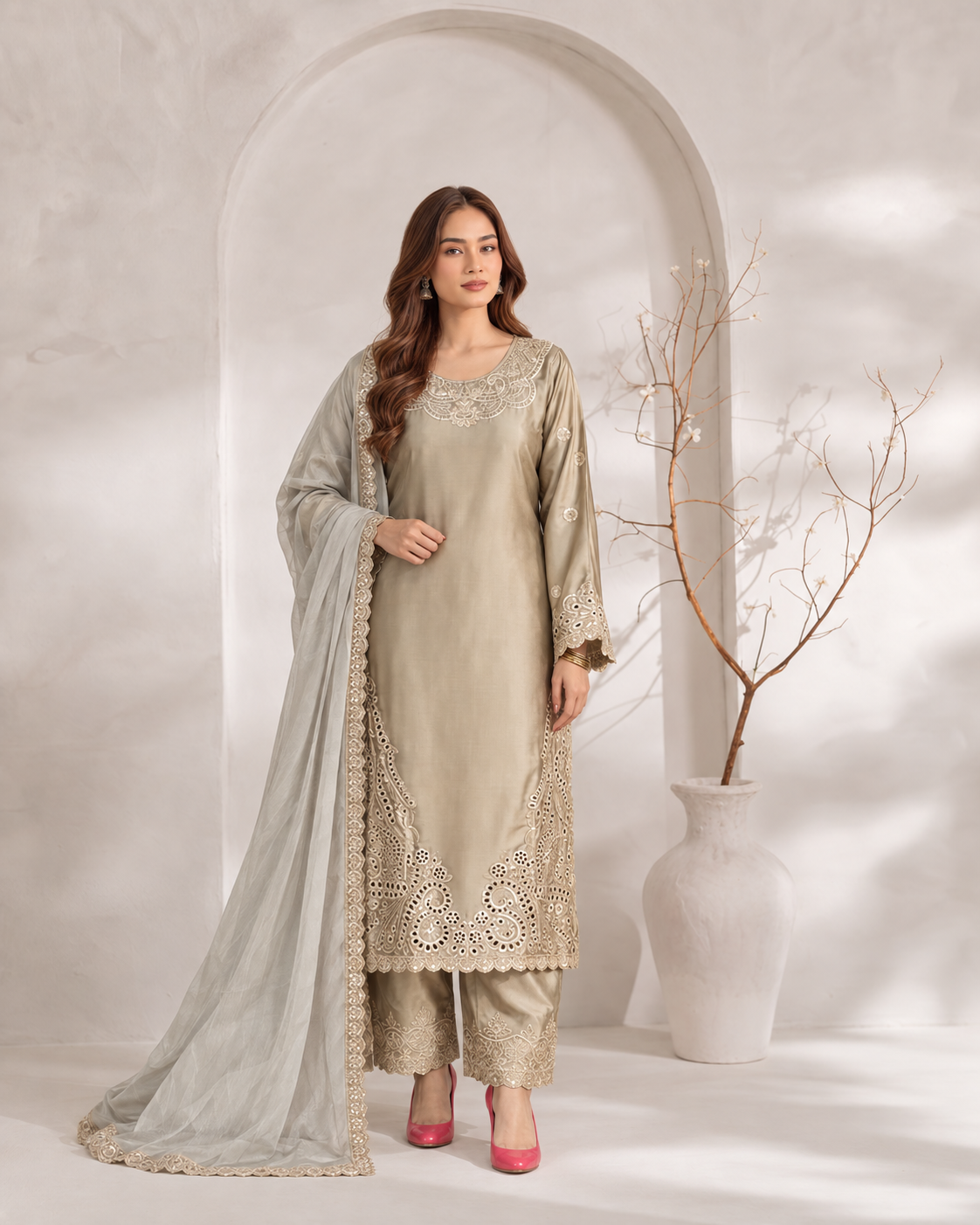 Midnight Hazel Beige Chanderi