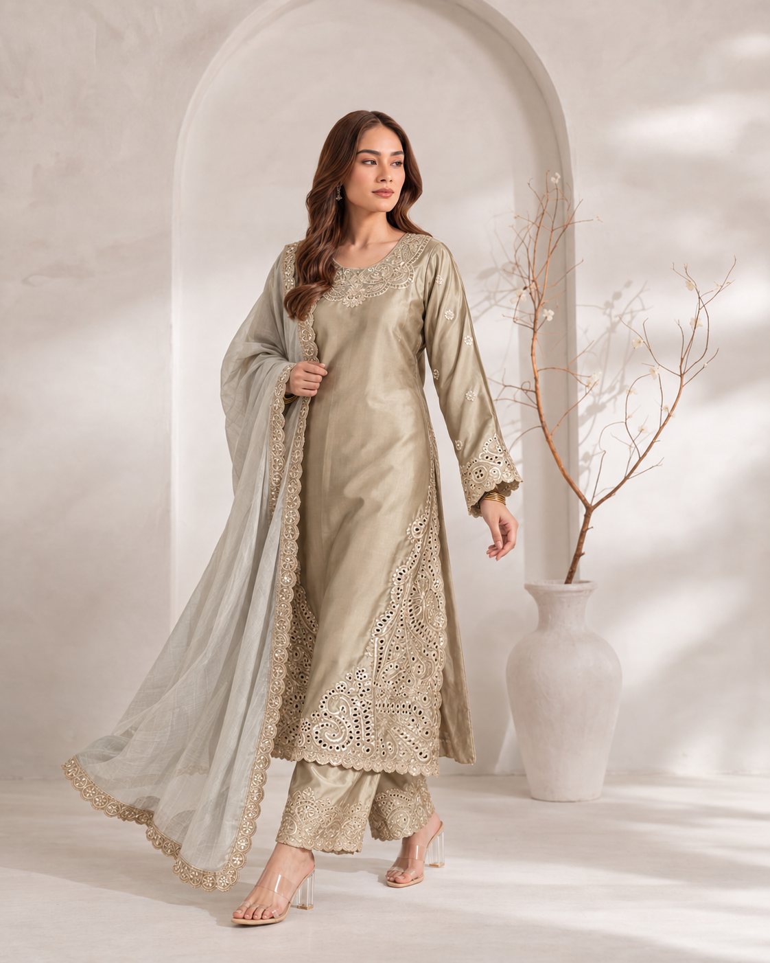 Midnight Hazel Beige Chanderi