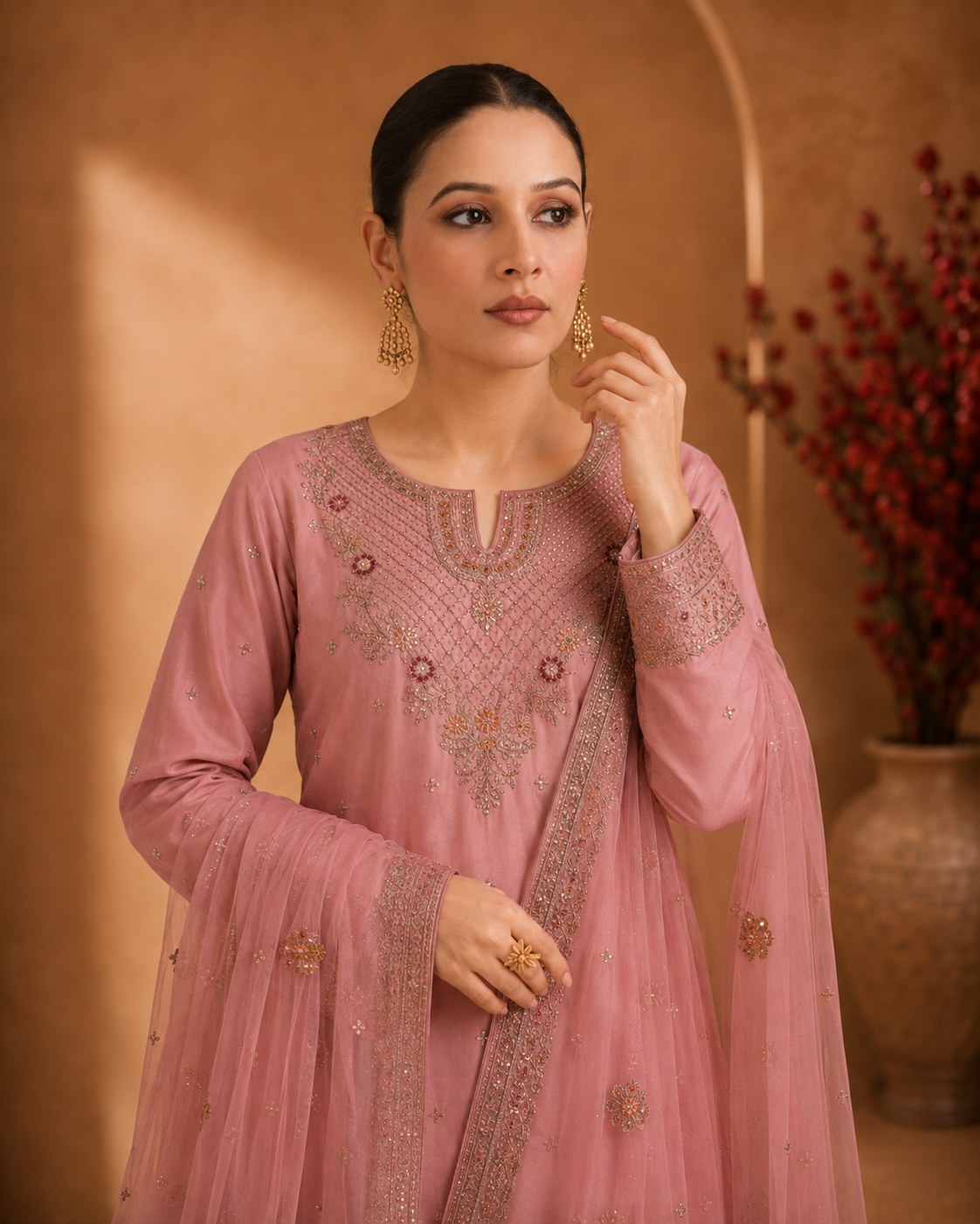 Pink Embroidered Tasal Silk 3-Piece Pret