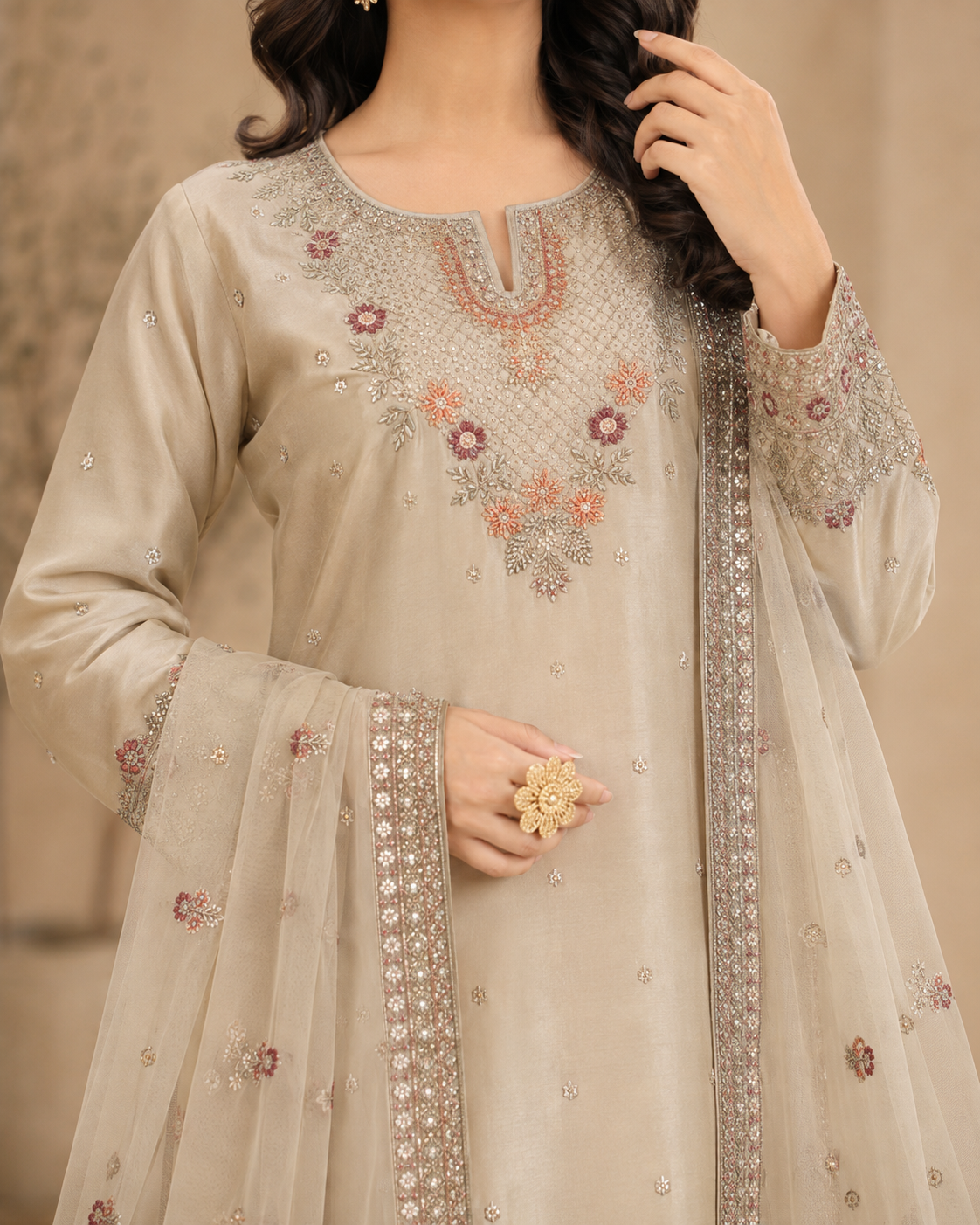 Skin Embroidered Tasal Silk 3-Piece Pret