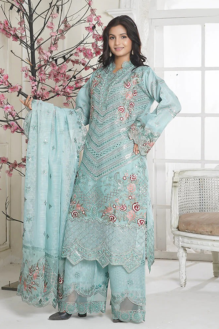 Embroidered Pestal Aqua 3 Piece Pret