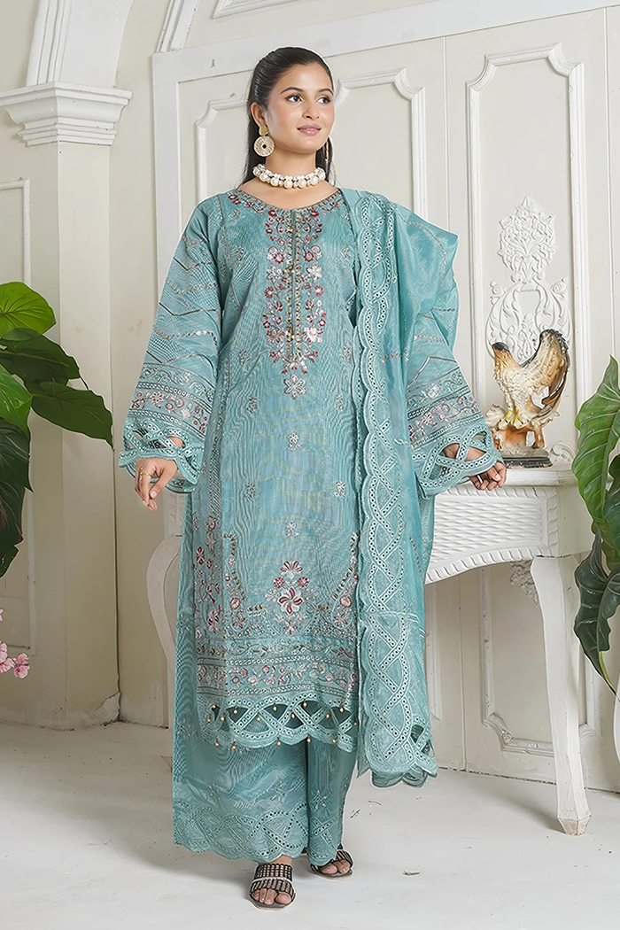Teal Blue Khadi Net  3 Piece Pret