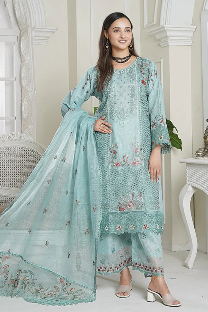 Turquoise Blue Ivory Slub 3 Piece Pret