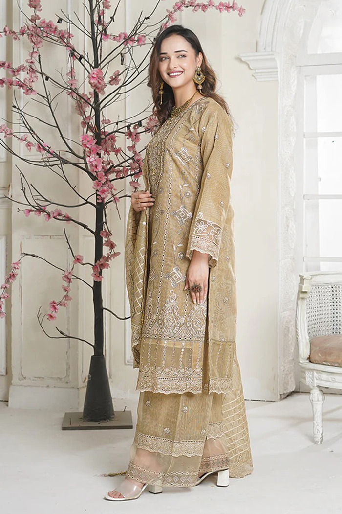 Embroidered Mustard Brown Net Slub 3 Piece Pret
