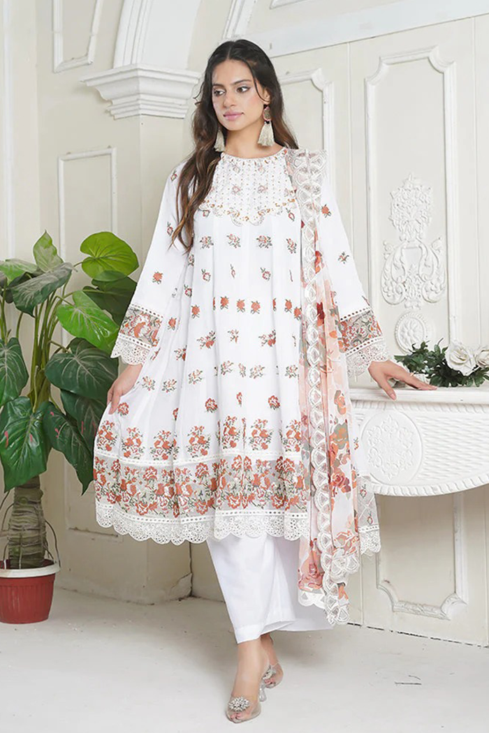 White Cros Stitched  Embroidered Chiffon Frok
