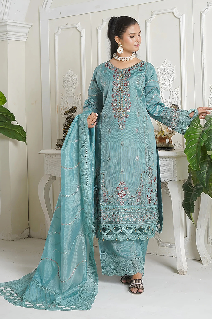 Teal Blue Khadi Net  3 Piece Pret