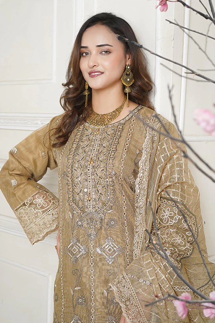 Embroidered Mustard Brown Net Slub 3 Piece Pret