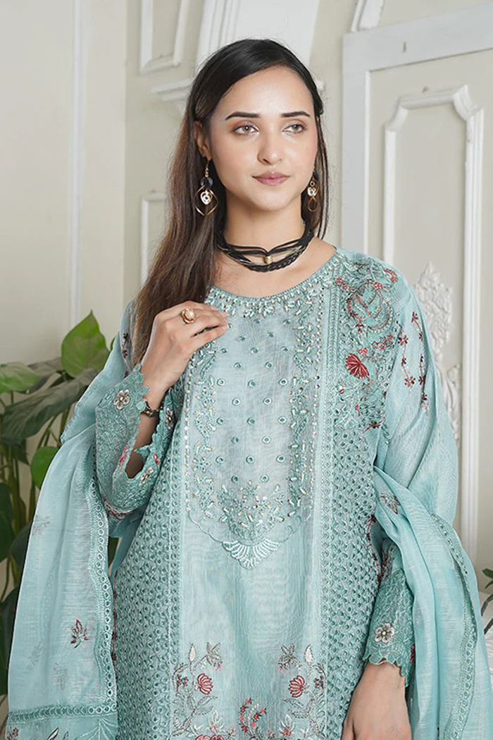 Turquoise Blue Ivory Slub 3 Piece Pret