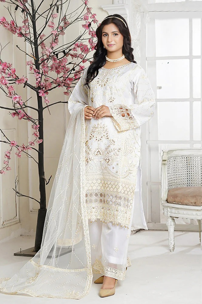 Embroidered Off White Organza 3 Piece Pret