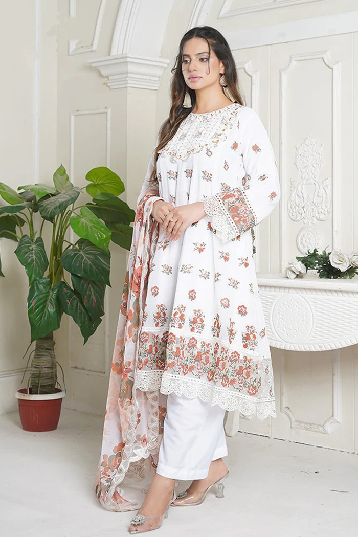 White Cros Stitched  Embroidered Chiffon Frok